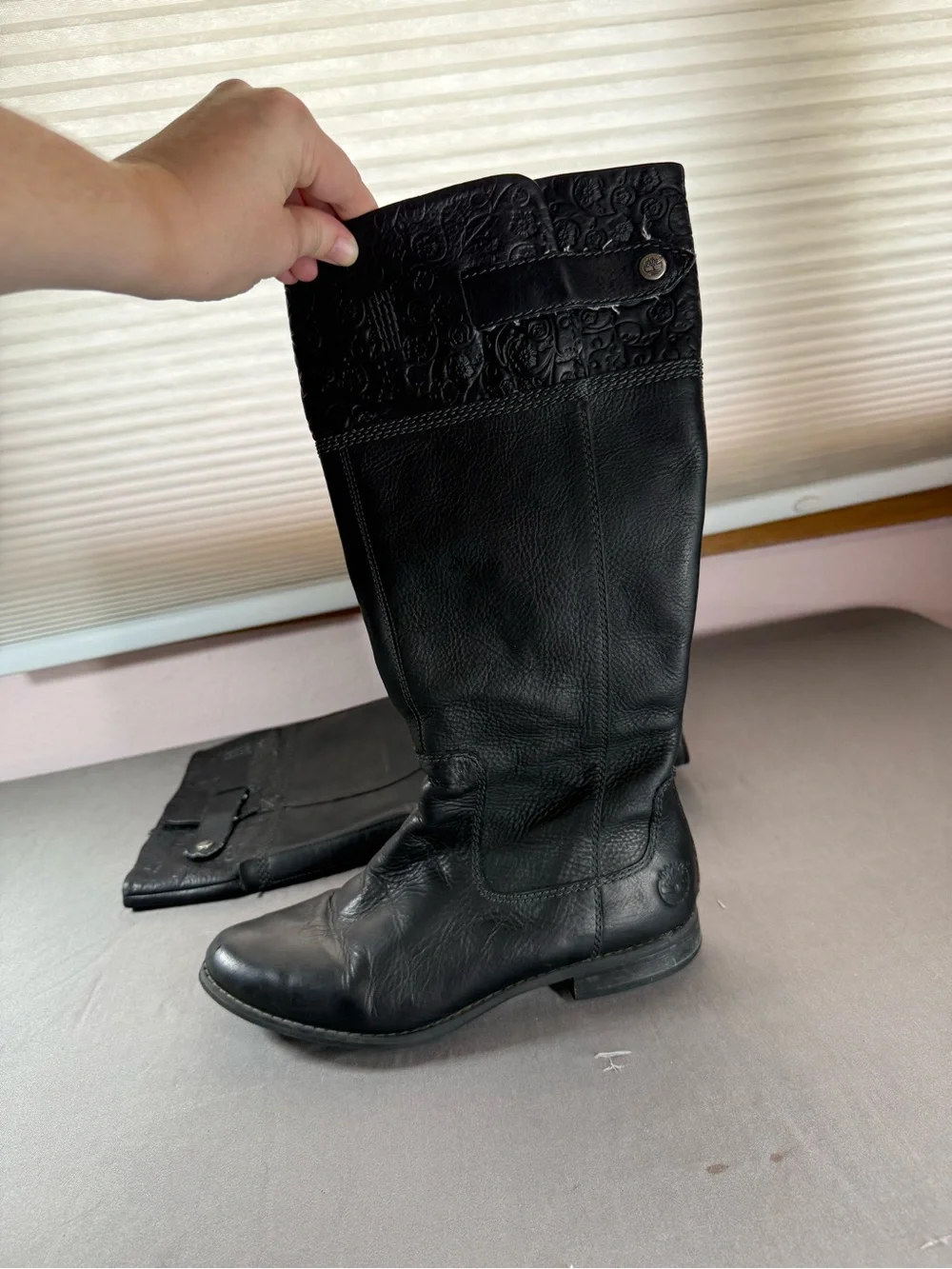 Timberland Black Leather Knee-High Riding Boots with Embossed Trim